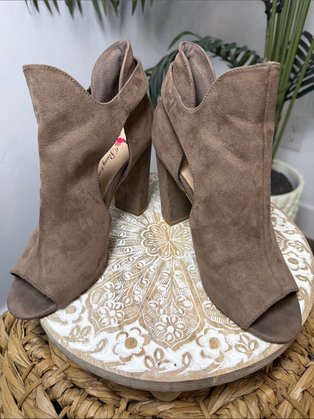 Penny Loves Kenny Taupe Suede Peep-Toe Block Heel Boots